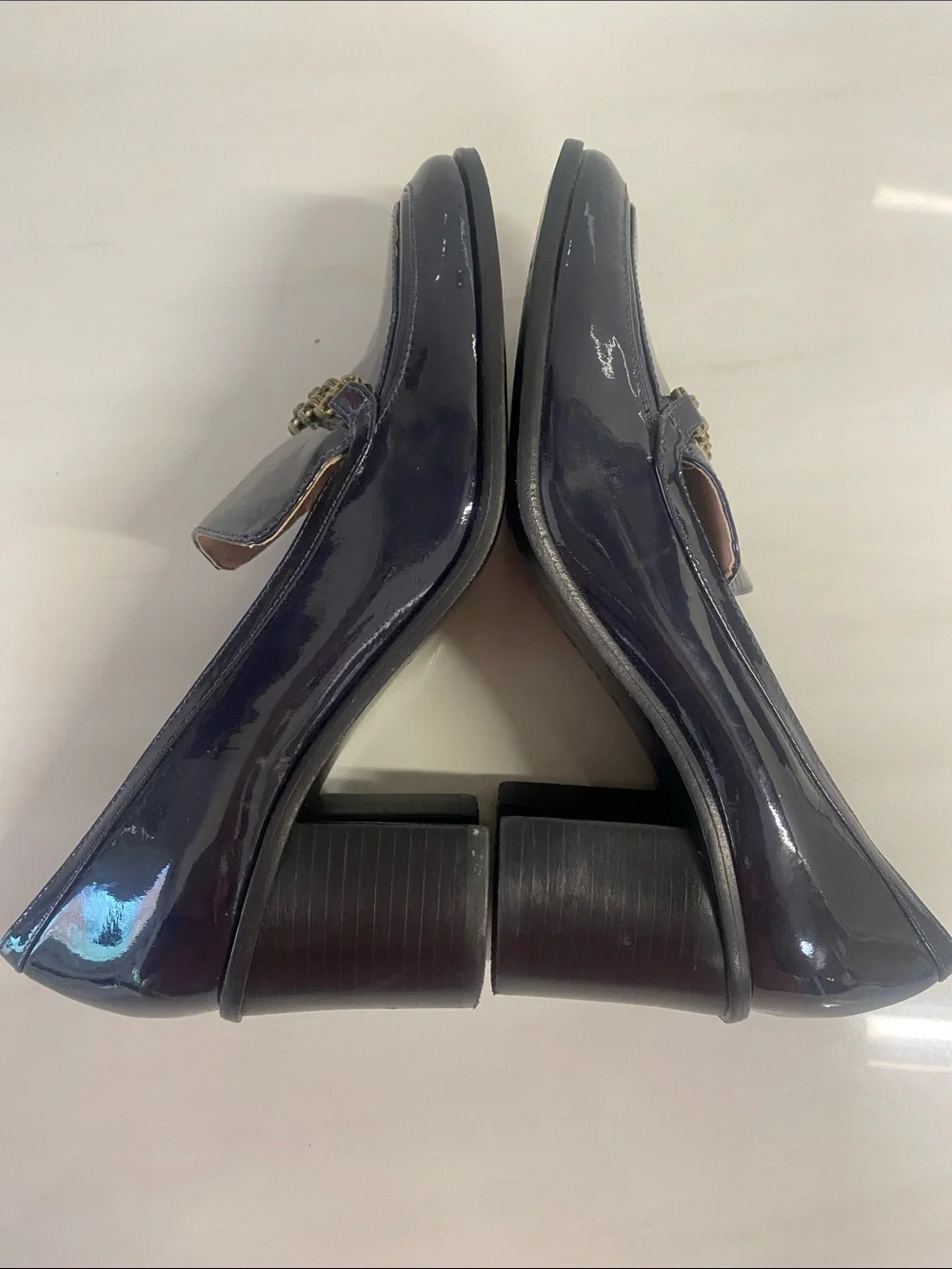 TORY BURCH Navy Patent Loafers with Gold Chain